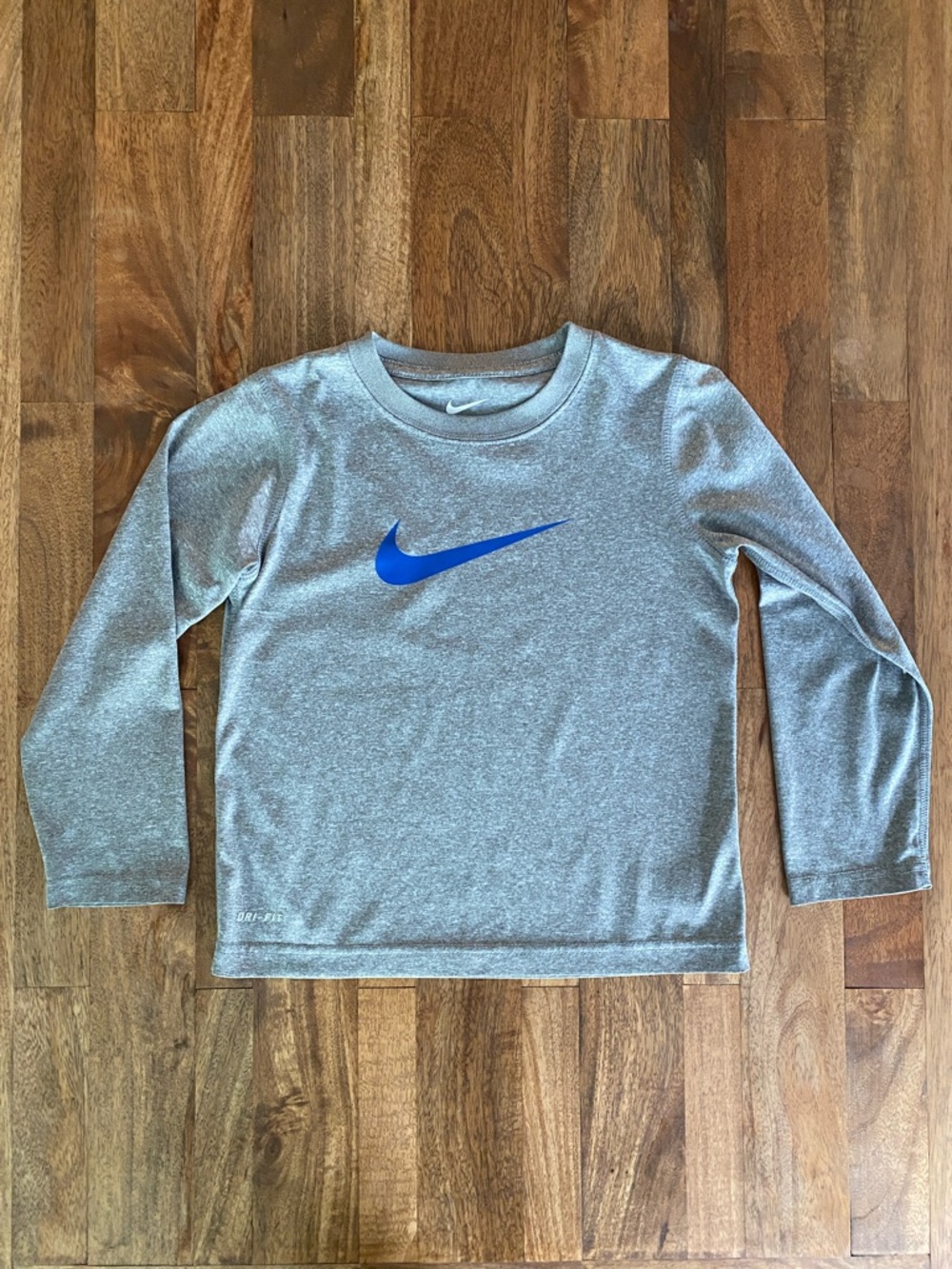 Nike Gray Long-Sleeve Tee with Blue Swoosh